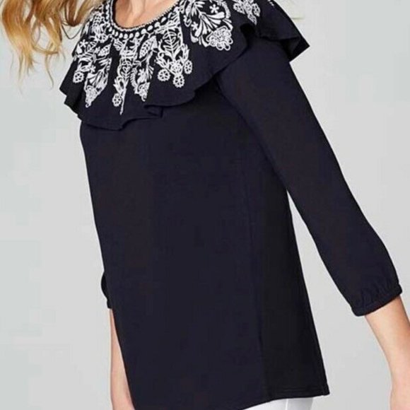 J. Jill Womens Off Shoulder Flounce Knit Top Blue - Picture 5 of 6